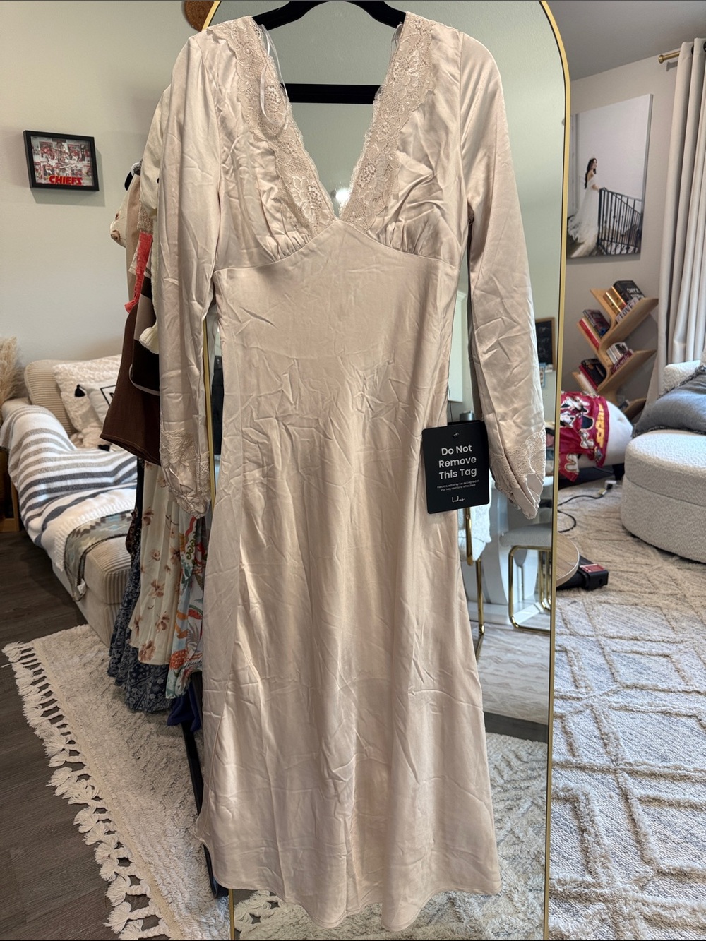 Lulu's Soft Beige Lace-Trim Long Sleeve Midi Dress